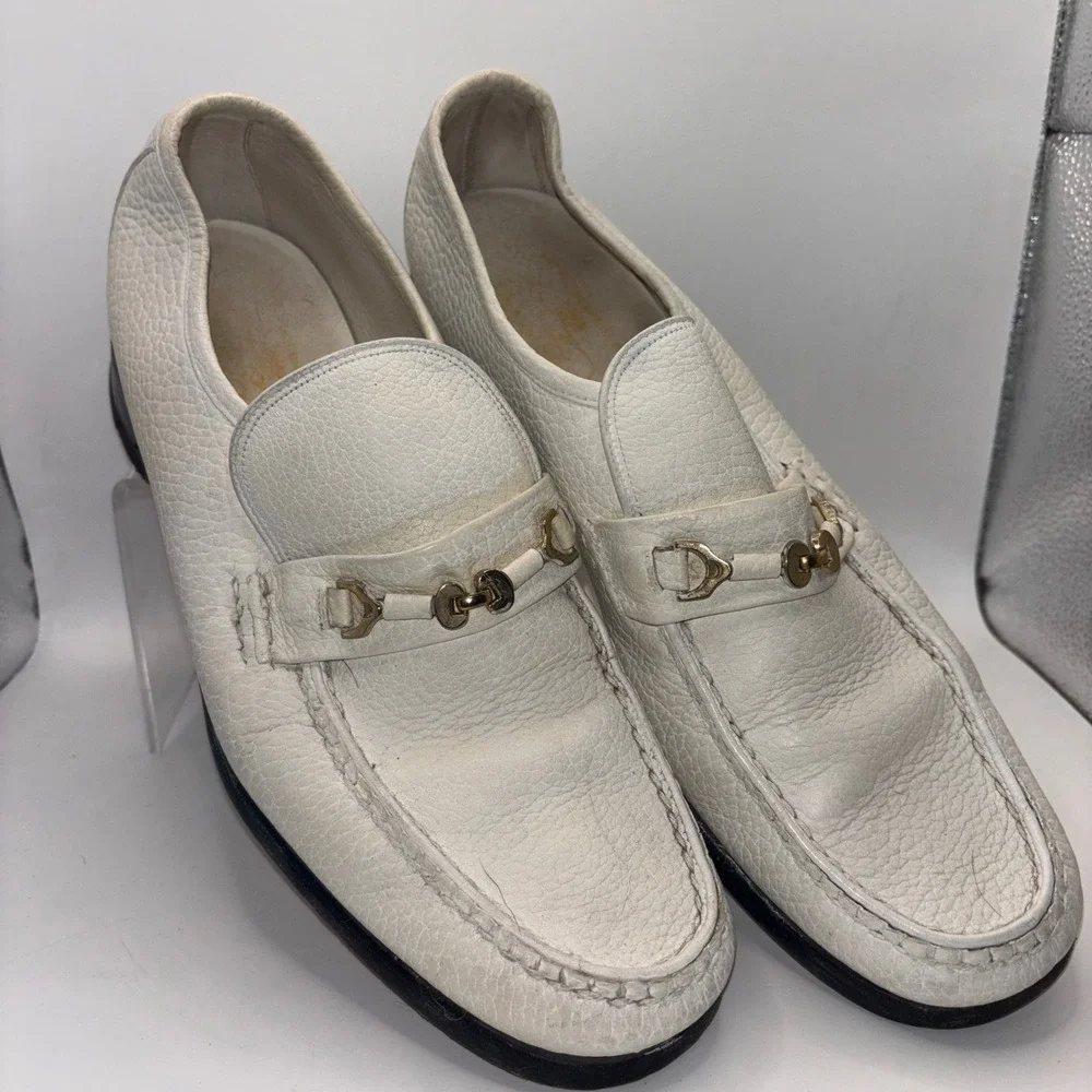 Vintage Florsheim Imperial Mens White Pebbled Leather Bit Horsebit Loafers 9.5 C